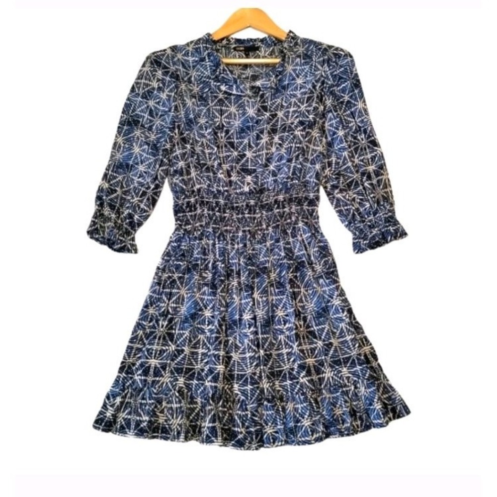 Maje Mixed Print Cotton Voile Smocked Waist Mini dress Indigo